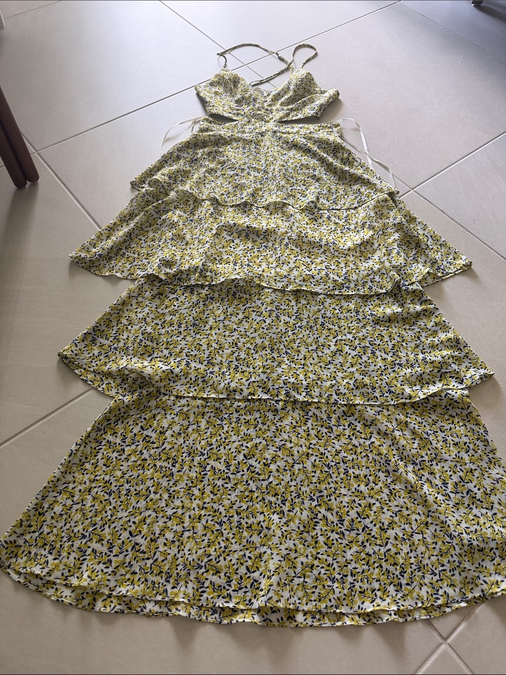 essue Yellow & Black Floral Spaghetti Strap Dress
